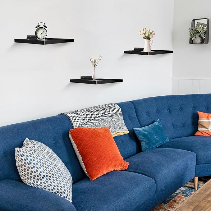 Cityelf Floating Shelves Wall Mounted Wall Decor Iron Glass Hanging Shelf Home Decor Set of 3 Display Ledge Shelves for Living Room Bedroom Black Square