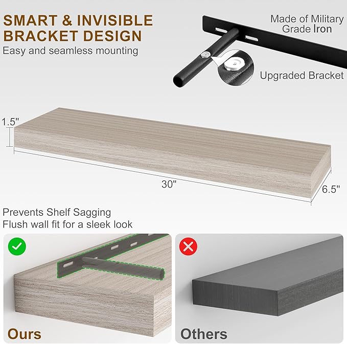 Fun Memories 30Inch Floating Shelves for Wall, 2 Pack Rustic Wood Shelves for Bathroom|Kitchen Wall Mounted Floating Shelf with Invisible Brackets for Books|Storage|Decor,Grey