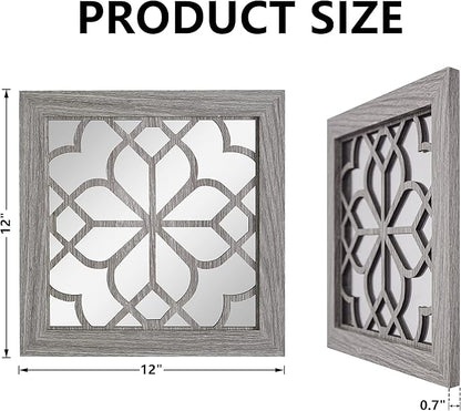 Set of 4 Boho Wall Mirrors with Carved Floral Design, 12x12 Inch Rustic Farmhouse Accent Mirrors, Vintage Style Shatterproof Square Mirror Decor for Living Room, Bedroom(Brown)