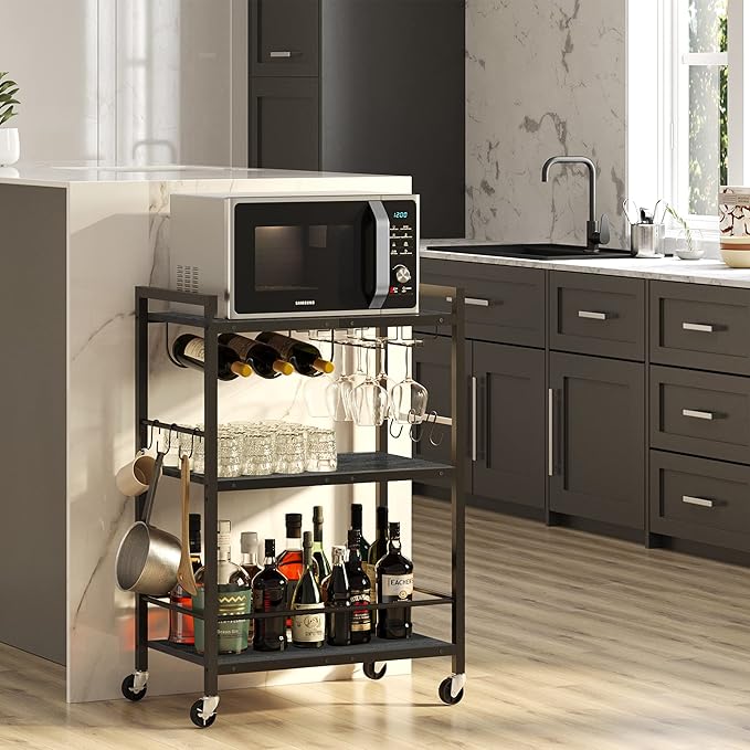 TUTOTAK Bar Cart - Serving Cart for Home - Microwave Cart, Drink Cart, Mobile Kitchen Shelf with Wine Rack and Glass Holder, Rolling Beverage Cart BC01BK030