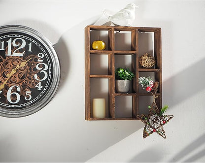 SOFE Small Brown Wood Shadow Box with Shelves, 3 Tier Wall Shelving Unit, 9-Compartment Wall Mounted Curio Cabinet, Knick Knack Display Shelf, Floating Cube Shelves for Walls, Shot Glass Display Case
