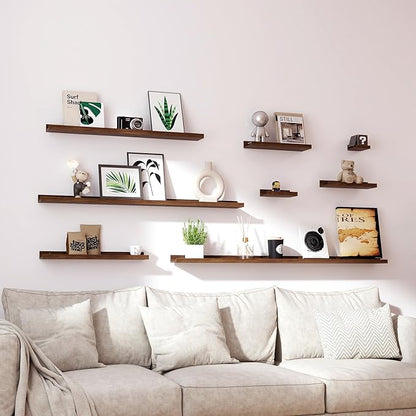 Floating Shelves for Wall Decor, Wall Mounted Wood Storage Shelf for Bedroom, Living Room, Bathroom, Kitchen, Nursery, Rustic Display Picture Ledge Shelf with Lip Set of 2-16 Inches, Walnut