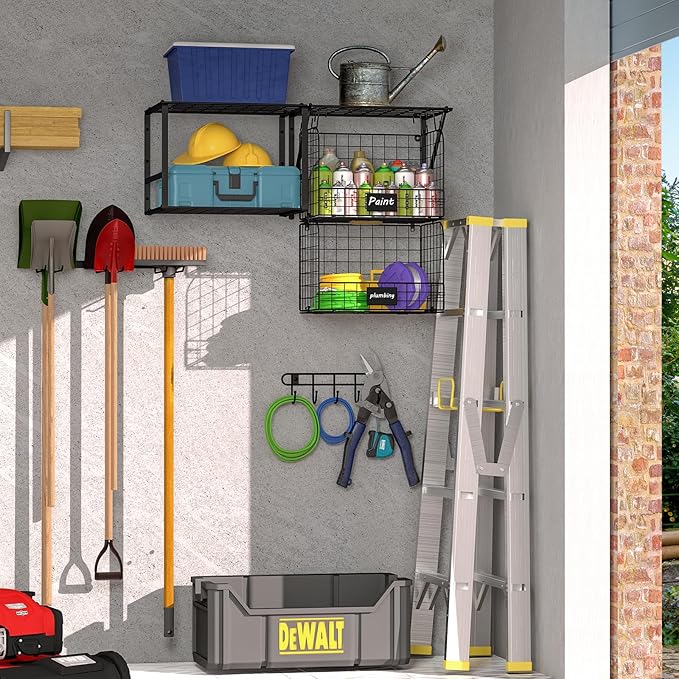 Garage Shelf Wall Mounted with Wire baskets, Heavy Duty Garage Wall Shelving with Garden Tool Rack and Hooks, Wire Shelf Baskets Tool Organizer for Home Garden Yard Organization and Storage