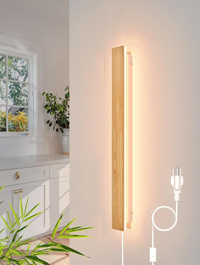 1 Pack Modern Plug in Long Wall Sconce 23.6‘’ LED Bamboo Wall Lights 18W Long Strip Indoor Wall Lamp 3000K with 6.5FT Plug in Cord and On/Off Switch on The Cord for Living Room Hallway Stairwell