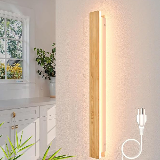 1 Pack Modern Plug in Long Wall Sconce 23.6‘’ LED Bamboo Wall Lights 18W Long Strip Indoor Wall Lamp 3000K with 6.5FT Plug in Cord and On/Off Switch on The Cord for Living Room Hallway Stairwell