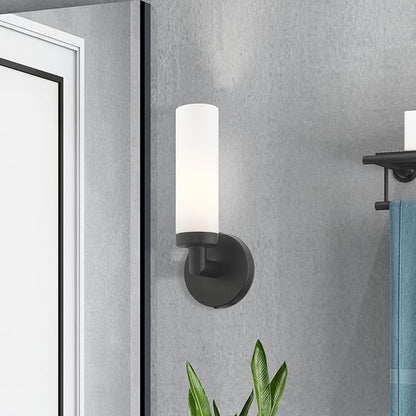 Livex Lighting 10103-04 Aero Collection ADA 1-Light Wall Sconce Light with Satin Opal White Glass Cylinder Shade, Black, 4.25 x 11