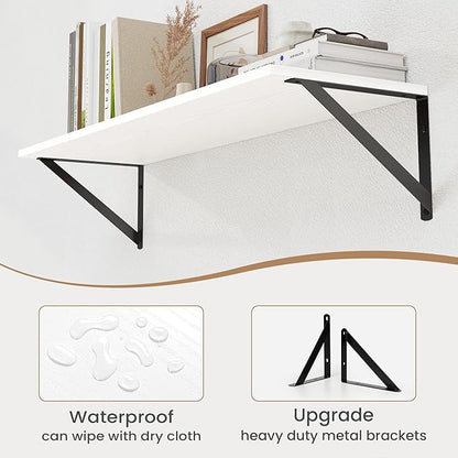 Heimlove White Deep Floating Shelves for Wall, 30W x 8D Wood Wall Shelves Set of 2, Wide Floating Bookshelf for Living Room, Kitchen, Office, Bedroom and Decor Storage, with Black Bracket - White