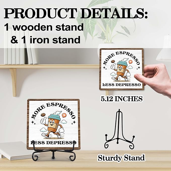 Coffee Bar Decor, Farmhouse Kitchen Table Decor, Coffee Station Accessories, Wooden Decorative Sign with Iron Stand for Table Desk Shelf Display-E25