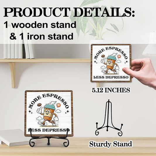 Coffee Bar Decor, Farmhouse Kitchen Table Decor, Coffee Station Accessories, Wooden Decorative Sign with Iron Stand for Table Desk Shelf Display-E25