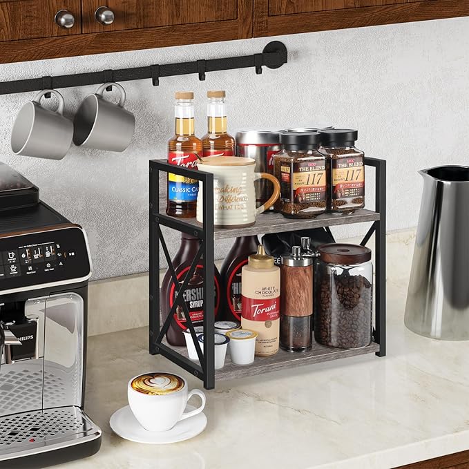 YINMIT Countertop Shelf Organizer,Coffee Bar Accessories,Spice Rack,Coffee Counter Shelf,2 Tier Coffee Organizer Station for Mugs,Cups,Cream,Syrup(Rustic Grey, Medium)