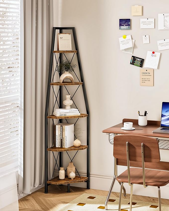 5-Tier Corner Shelf, Corner Bookshelf, Ladder Shelf, Floor Standing Storage Rack, Open Display Stand, Plant Stand, for Living Room, Bedroom, Study, Bathroom, Rustic Brown and Black TCJ22BF