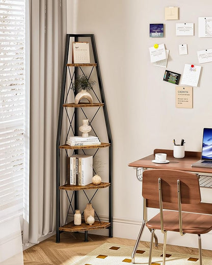 5-Tier Corner Shelf, Corner Bookshelf, Ladder Shelf, Floor Standing Storage Rack, Open Display Stand, Plant Stand, for Living Room, Bedroom, Study, Bathroom, Rustic Brown and Black TCJ22BF
