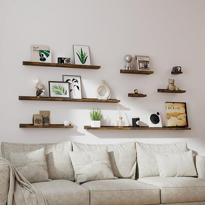 Floating Shelves for Wall Decor, Wall Mounted Wood Storage Shelf for Bedroom, Living Room, Bathroom, Kitchen, Nursery, Rustic Display Picture Ledge Shelf with Lip Set of 2-14 Inches, Brown