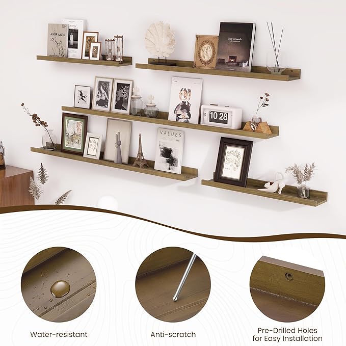 Fun Memories Picture Ledge Shelf, Pine Wood Floating Shelves Set of 2, 24 inch Nursery Book Shelves, Photo Ledge Book Shelves Wall Mounted for Living Room Kids' Room Bedroom - Light Brown