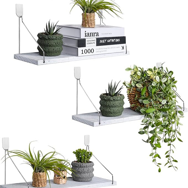 MITIME Floating Shelves Set of 3 Rustic Solid Wood Floating Shelf Wall Storage Shelves for Living Room, Bedroom, Bathroom, Kitchen Laundry, Office,no Drill Shelf(Grey and White Colour L+L+L)