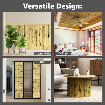 Art3d Natural Bamboo Wall Panel for Interior Wall Decor, Renewable Pole Wrap Wainscoting Paneling for Wall Ceiling Furniture Cabinet Office, 48 x 96 Inch - Light Burned