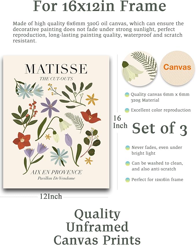 Abstract Matisse Wall Art Decor,Unframed Flower Market Print Posters Set of 3,12x16in Green Quality Canvas Paintings for Home Decoration in Bathroom,Living Room,Bedroom