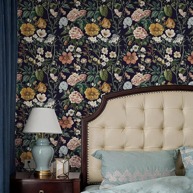 Livebor Floral Peel and Stick Wallpaper Vintage Floral Contact Paper 16.9"x196.8" Dark Flower Wallpaper Peel and Stick Boho Self Adhesive Removable Wall Paper for Cabinets Bathroom Decorative Vinyl