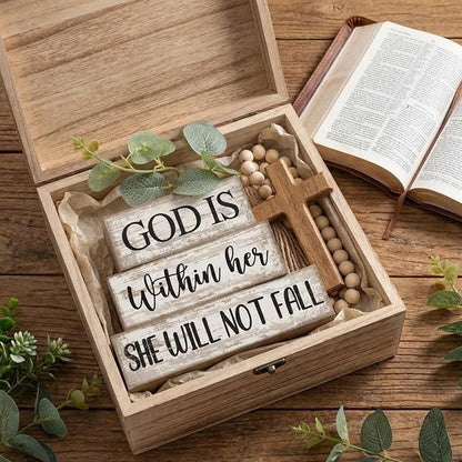 4 Pcs Christian Table Decor Inspirational Religious Gifts for Women God Is Within Her Bible Verse Wooden Block Signs Gift Farmhouse Christian Centerpiece for Mother's Day Home & Office