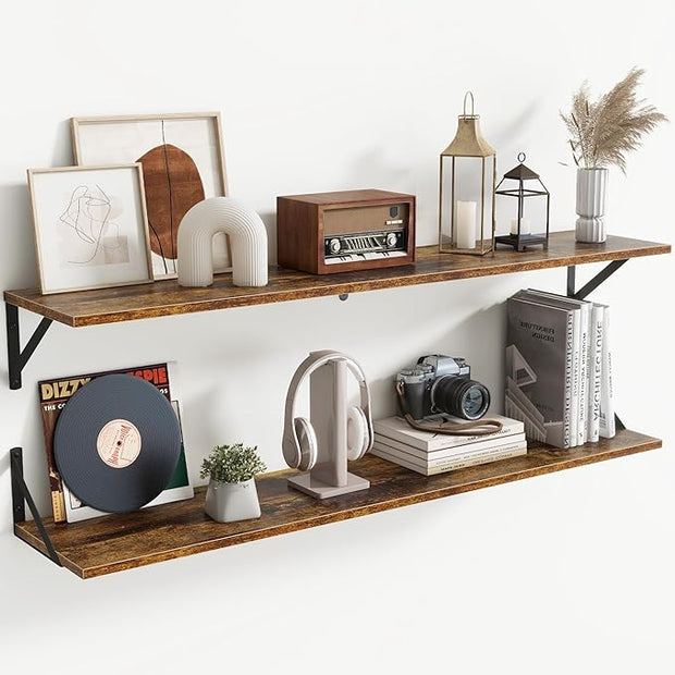 Floating Shelves for Wall,48" Wx8 D Wood Wall Shelves,Hanging Storage Floating Shelf with Metal Brackets,Wide Floating Bookshelf for Living Room,Office,Bedroom,Bathroom,Set of 2,Rustic Brown