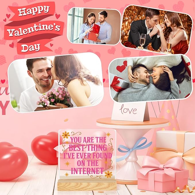 Valentines Desk Decor, Happy Valentine's Day Home Office Table Sign for Porch Tiered Tray Shelf Party, Rustic Romantic Acrylic Gifts Decorations for Him Her Wife, You Are The Best Thing