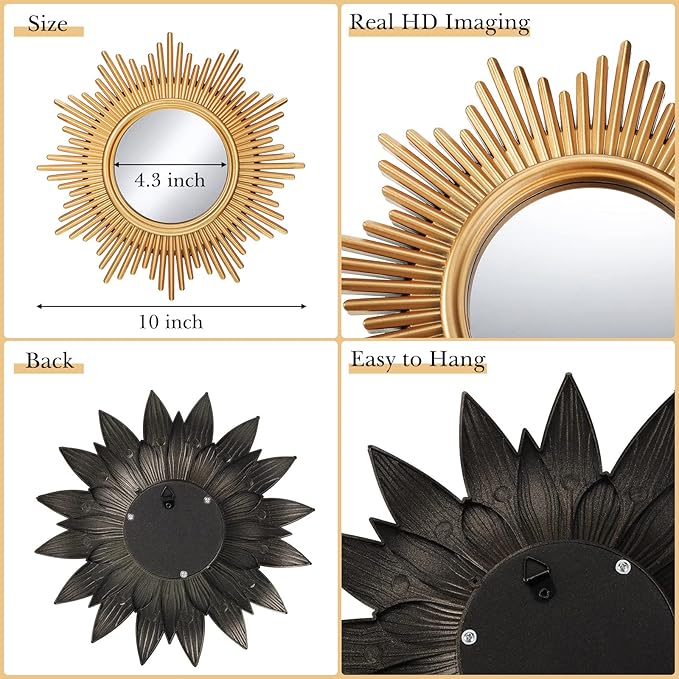 Jetec 4 Pcs Big Sunburst Wall Mirror Gold Vintage Mirror Set for Wall Metal Hanging Round Decorative Mirrors Accessories Modern Present for Living Room Bedroom Entryway Home Decor 10 Inch
