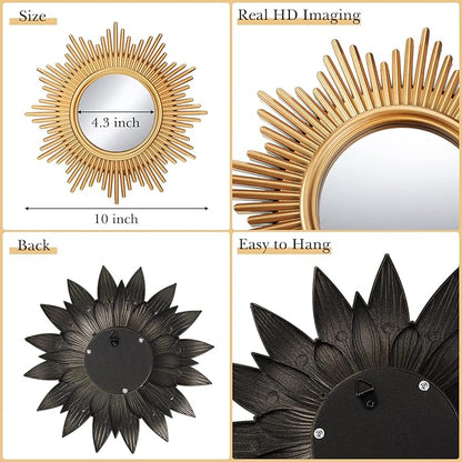 Jetec 4 Pcs Big Sunburst Wall Mirror Gold Vintage Mirror Set for Wall Metal Hanging Round Decorative Mirrors Accessories Modern Present for Living Room Bedroom Entryway Home Decor 10 Inch