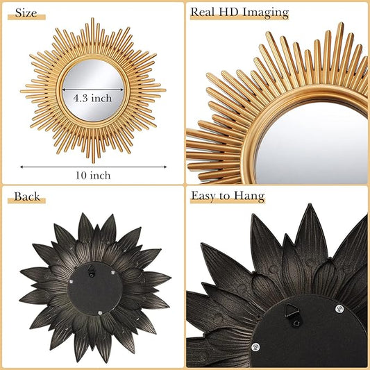 Jetec 4 Pcs Big Sunburst Wall Mirror Gold Vintage Mirror Set for Wall Metal Hanging Round Decorative Mirrors Accessories Modern Present for Living Room Bedroom Entryway Home Decor 10 Inch