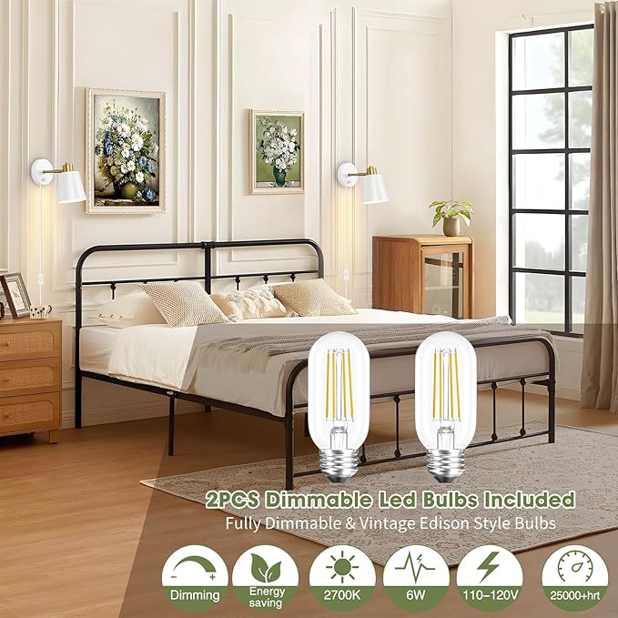 Dimmable Wall Sconces Set of 2, Adjustable Angle Wall Lights with Plug in Cord and Dimmer On/Off Knob Switch, Hardwired Indoor White Wall Lamp for Bedside Bedroom Bathroom (2 Bulbs Included)