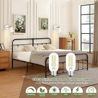Dimmable Wall Sconces Set of 2, Adjustable Angle Wall Lights with Plug in Cord and Dimmer On/Off Knob Switch, Hardwired Indoor White Wall Lamp for Bedside Bedroom Bathroom (2 Bulbs Included)