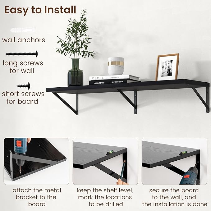 Axeman Deep Floating Shelves - 40 Inch Black Floating Shelves Set of 2-12 Inch Deep Wood Wall Shelves for Living Room Bathroom Kitchen