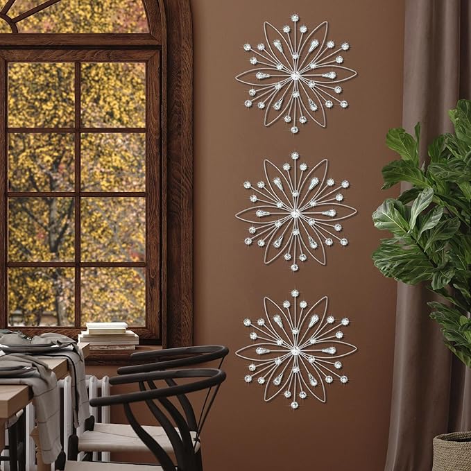 ZEXUIRU 3 Pack Silver Sunburst Wall Decor – Metal Crystal Wall Art with Sparkling Rhinestones, 14’’/18 Inch Starburst Wall Hanging Set for Living Room Bedroom Bathroom – Modern Bling Home Decorations