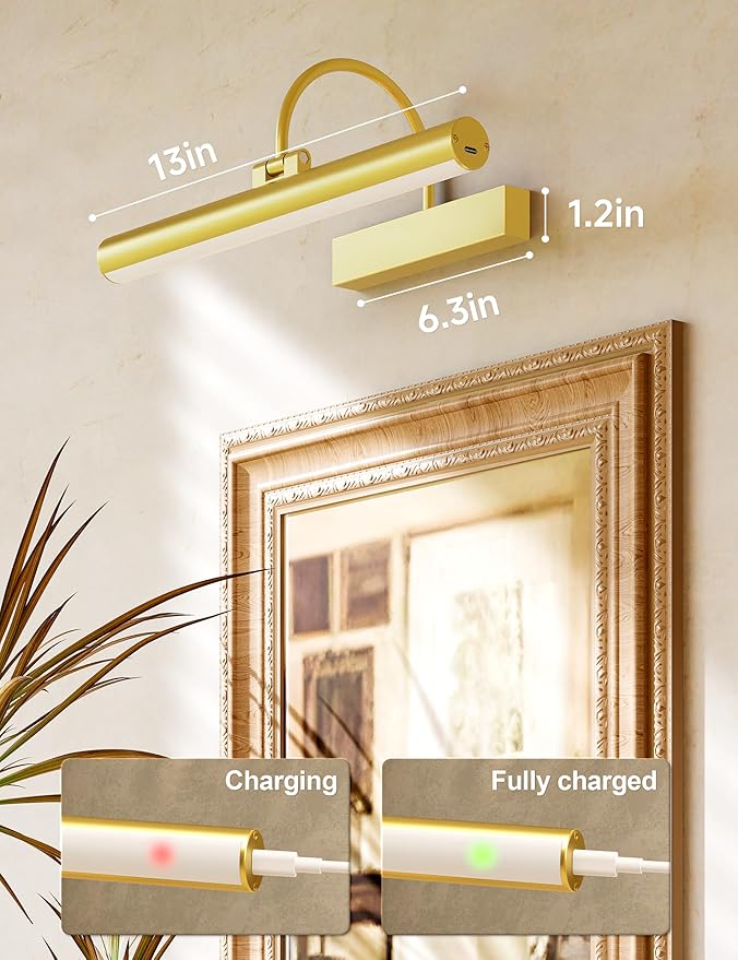 Bridika Picture Light for Wall with Remote, Rechargeable Battery Operated Picture Light, 3 Color Modes and Dimmable Classic Art Lights for Paintings, Gallery, Bedroom, Bathroom with Timer Gold 2