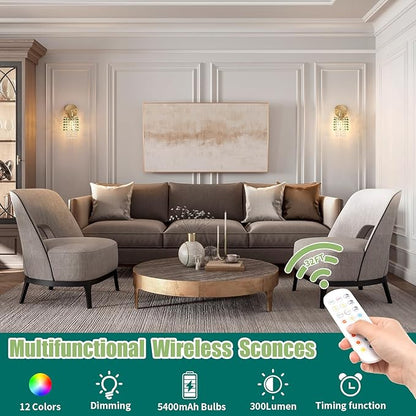 Set of 2 Crystal Battery Operated Wall Sconce,Rechargeable Wall Lamp with 5400mAh Battery & Remote Control, Modern Dimmable Wireless Wall Lights for Bedroom Bathroom (Green, Gold Base)