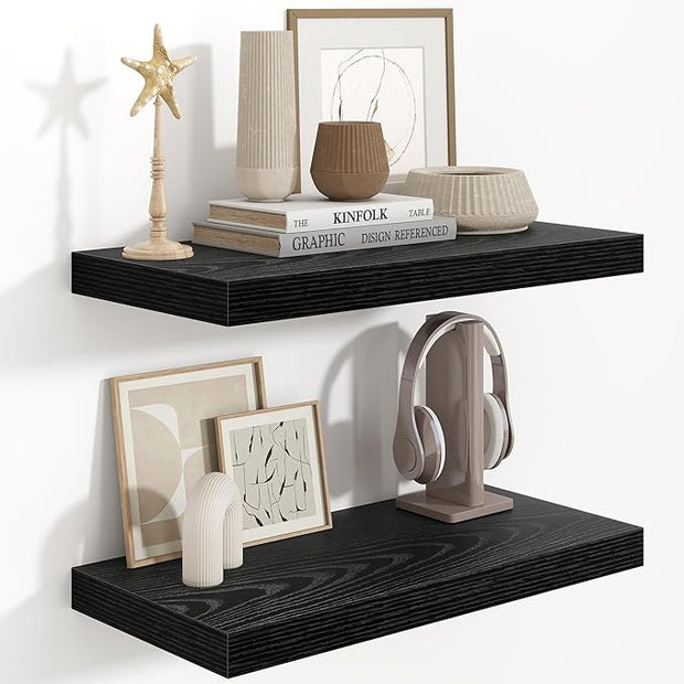 Fun Memories Black Floating Shelves 24 Inch Long, 9.3 Inch Deep Floating Shelf for Lving Room, Bedoom, Kitchen, Deep Wall Shelves for Bathroom, 2 Pack Storage Display Shelf for Books, Decors