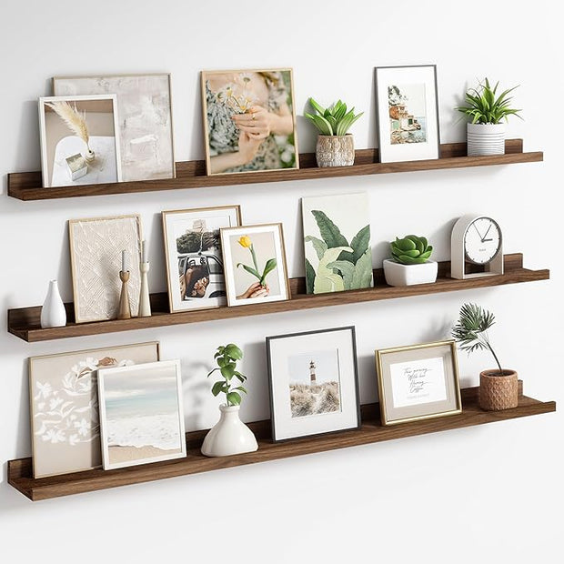 Axeman Picture Ledge Shelf | 55 Inch Walnut Floating Shelves Set of 3 | Rustic Wood Wall Shelves with Lip | 55" Walnut Picture Shelf for Wall with Ledge | Photo Shelves