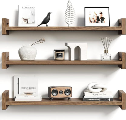 Upgraded Floating Shelves for Wall, Set of 3 Solid Wood Wall Mounted Shelves, 23.6" Rustic Walnut Display Shelf for Bedroom, Living Room, Bathroom, and Kitchen Decor - Heavy-Duty & Natural Pine