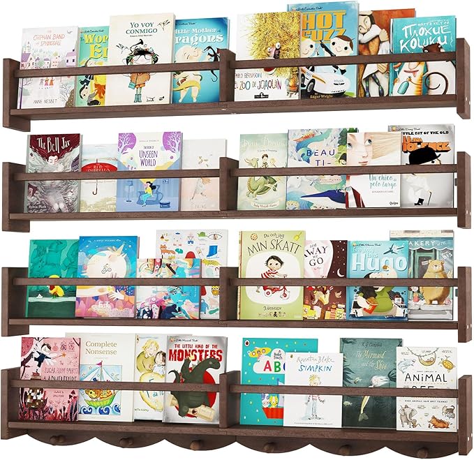 34Inch Nursery Bookshelves,Set of 4,Wall Floating Shelf Kids Coat Rack with 6Hooks,Hanging Book Shelf for Baby Nursery Room Décor (Dark Brown, 34)