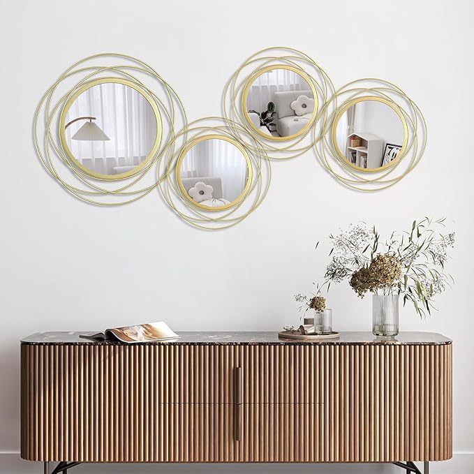 Cityelf 4 Set Mixed Size Gold Circle Mirrors Wall Decor Iron Frame Wall Art Round Mirror Home Decor Hanging for Living Room/Bedroom/Bathroom/Entryway