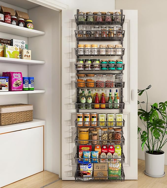 10-Tier Over The Door Pantry Organizer, Pantry Organization and Storage, Black Metal Hanging Adjustable Basket, Wall Spice Rack Seasoning Shelves, Home & Kitchen Essentials