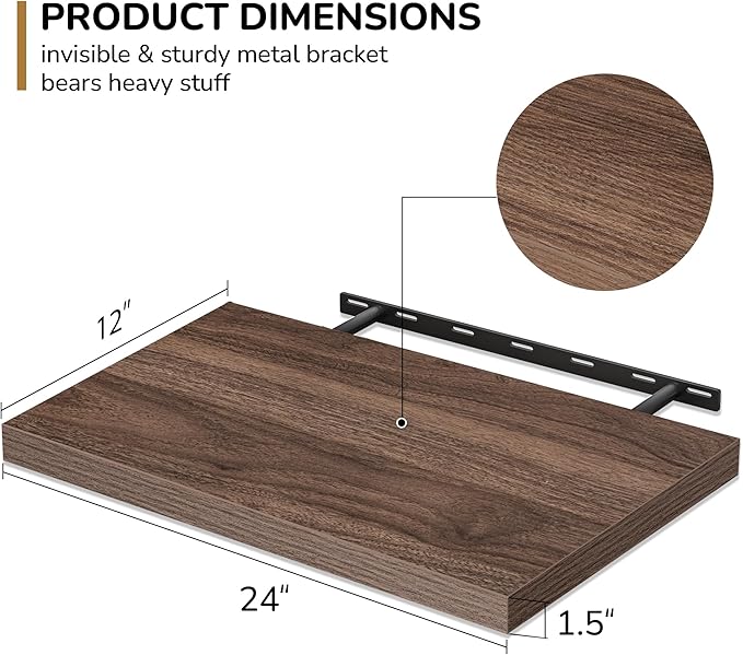 Fun Memories Floating Shelves - 2 Pack 12 Inch Deep Rustic Wooden Wall Shelves - Extra Deeper & Thicker Wall Mounted Storage Shelf for Living Room, Kitchen, Farmhouse - 24