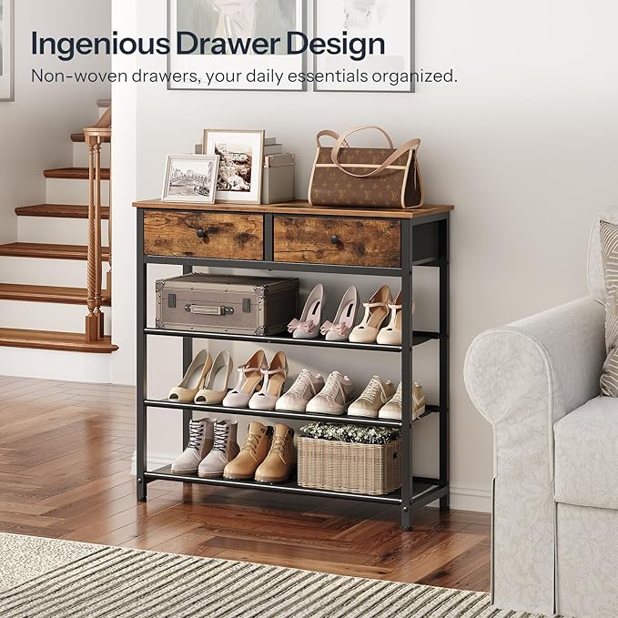HOOBRO Shoe Rack, 4 Tier Shoe Storage Organizer with 2 Non-Woven Drawers, 9-12 Pairs of Shoes for Entryway, Shoe Shelf with 3 Oxford Fabric Shelves and Wooden Top, Closet, Rustic Brown BF77XJ01