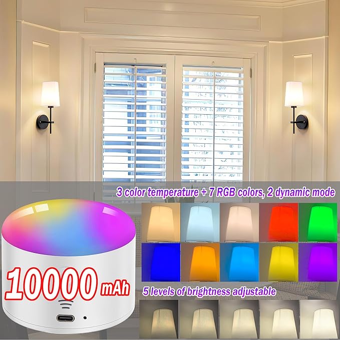 Battery Operated Wall Sconce Set of 2, Wireless Dimmable Battery Powered Wall Lamp with Remote Control, White Fabric Shade for Bedroom, Easy To Install, 3 Color Temp Bulb Included