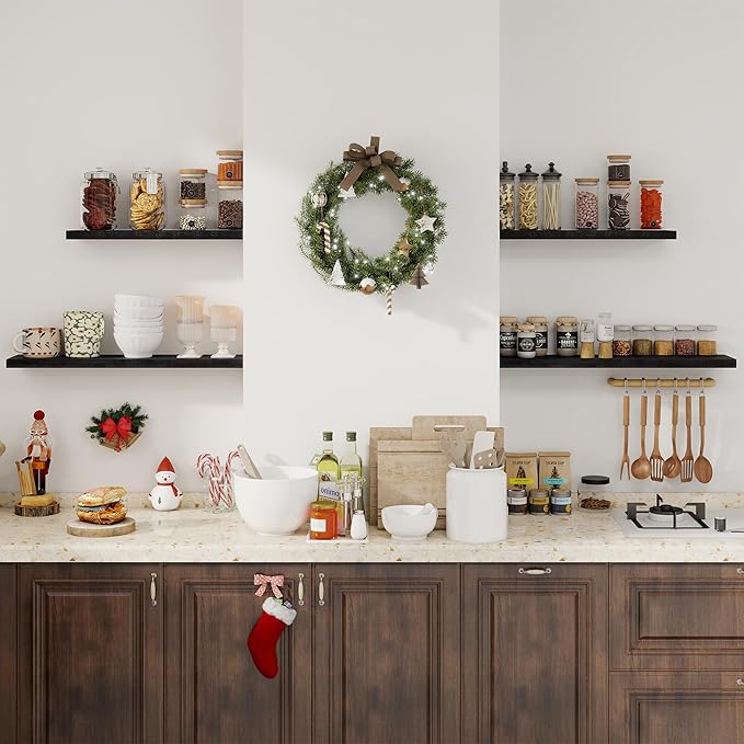Fun Memories 36Inch Floating Shelves for Wall 2 Pack Wood Shelves for Kitchen, Bathroom, Bedroom Wall Mounted Rustic Wood Floating Shelf with Invisible Brackets for Books, Storage, Decor, Black