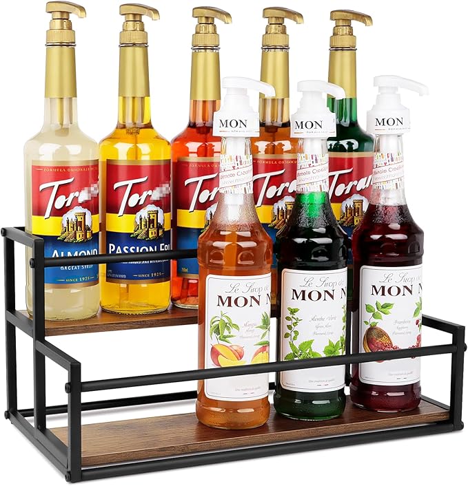 Coffee Syrup Rack Organizer, 2-Tier 10-Bottle Syrup Holder Stand for Coffee Bar & Liquor Display Shelf, Countertop Stand for Coffee Syrups, Wine, Spice, Soda Bar