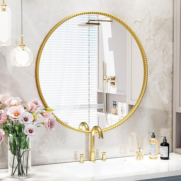 PROHOMEWARE Gold Round Bathroom Mirrors, 24 inch Circle Wall Mounted Hanging Mirror for Entryway, Living Room, Hallway, Bathroom, Bedroom