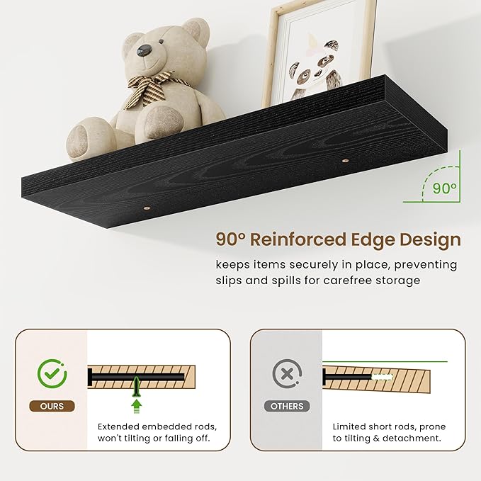 30in Floating Shelves for Wall, 30"W x 9.25"D x 1.25"H, 2 Pack Long Wall Mounted Engineered Wood Shelves with Invisible Brackets for Living Room, Bedroom, Bathroom, Kitchen Decor and Storage, Black