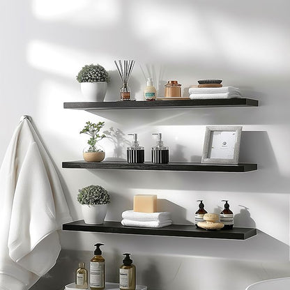 Wood Floating Shelves for Wall Decor, Rustic Wall Shelves for Bedroom Bathroom Kitchen Living Room, Set of 4 Black 36 Inch