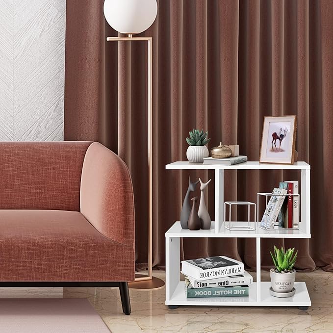 Giantex 3-Tier Geometric Bookshelf, 24’’ Tall Wood S-Shaped Display Shelves with Thick Foot Pads, Freestanding Open Shelves Nightstand, Floor Standing Display Shelf Bookcase