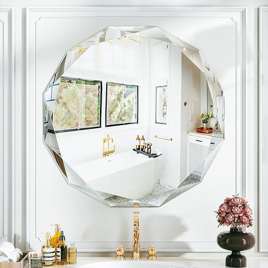 Suidia Bathroom Mirror, 24"x 24" Wall Mirror, Frameless Bathroom Mirror with Beveled Edge for Bedroom, Living Room, Entryway, Hallway, Round Shape